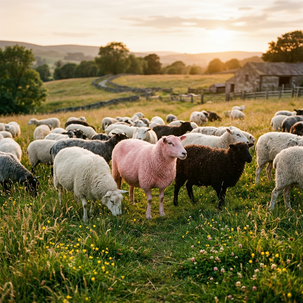 Pink sheep standing among a flock in a countryside meadow