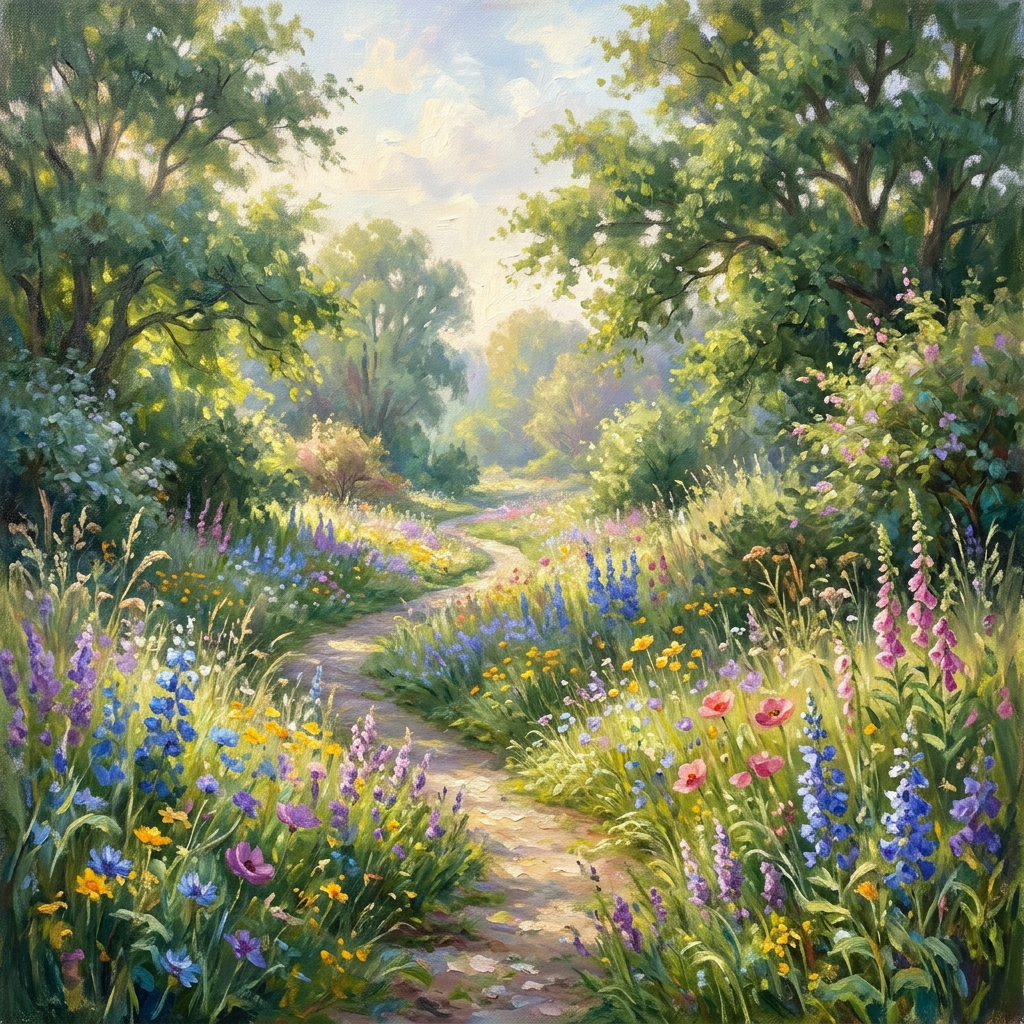 Sunlit woodland path bordered by colorful wildflowers and lush trees