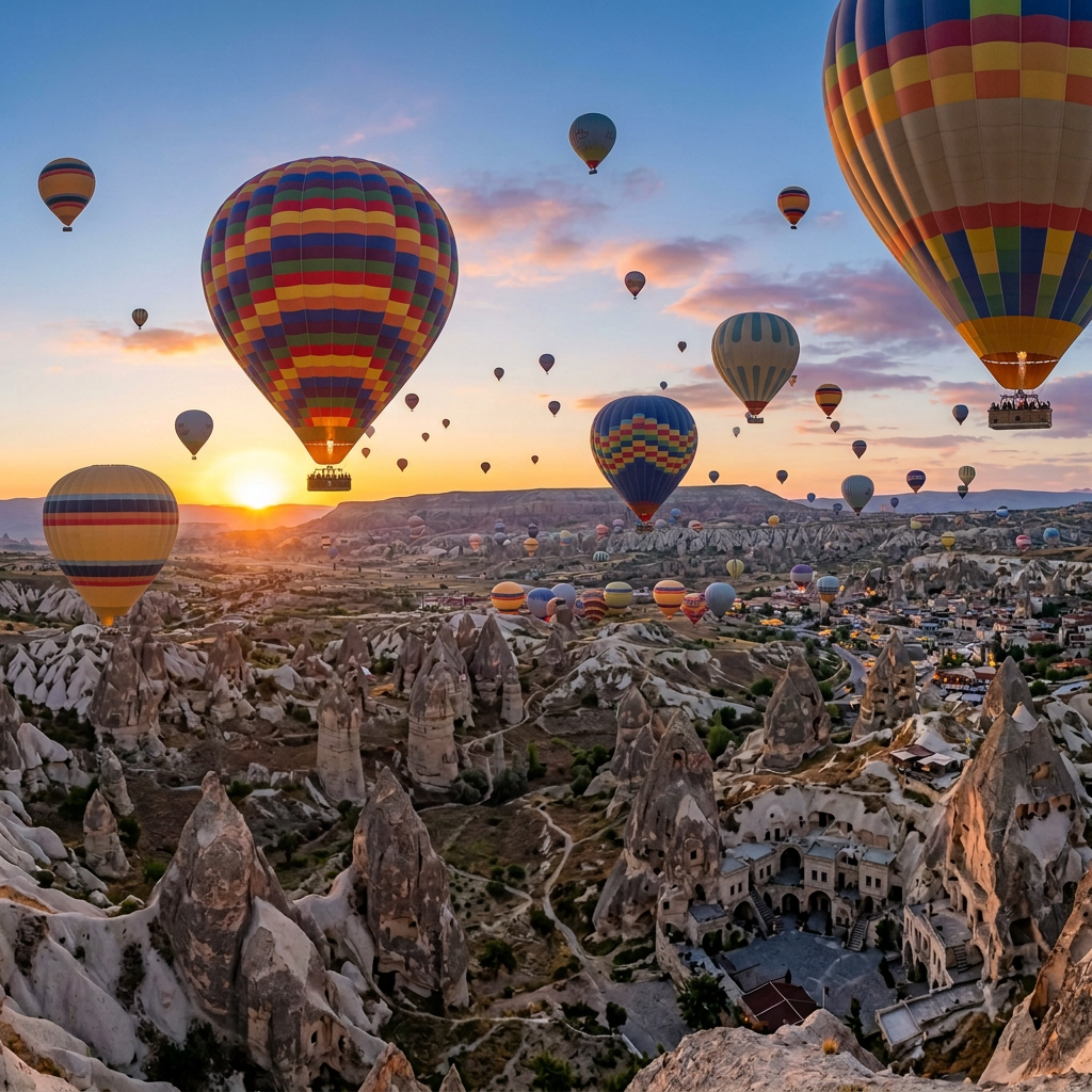Hot-air balloons floating above Cappadocia rock formations at sunrise
