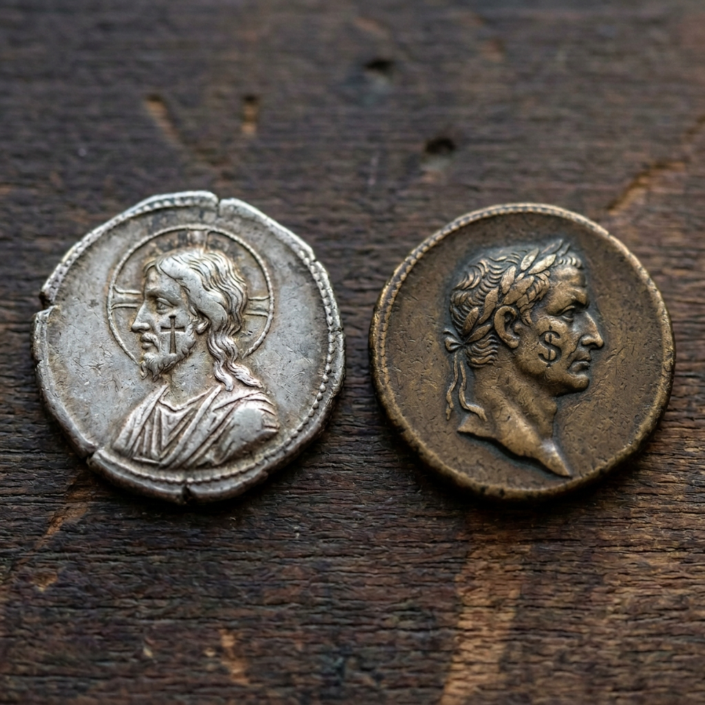 Two weathered ancient coins with profile portraits and inscriptions